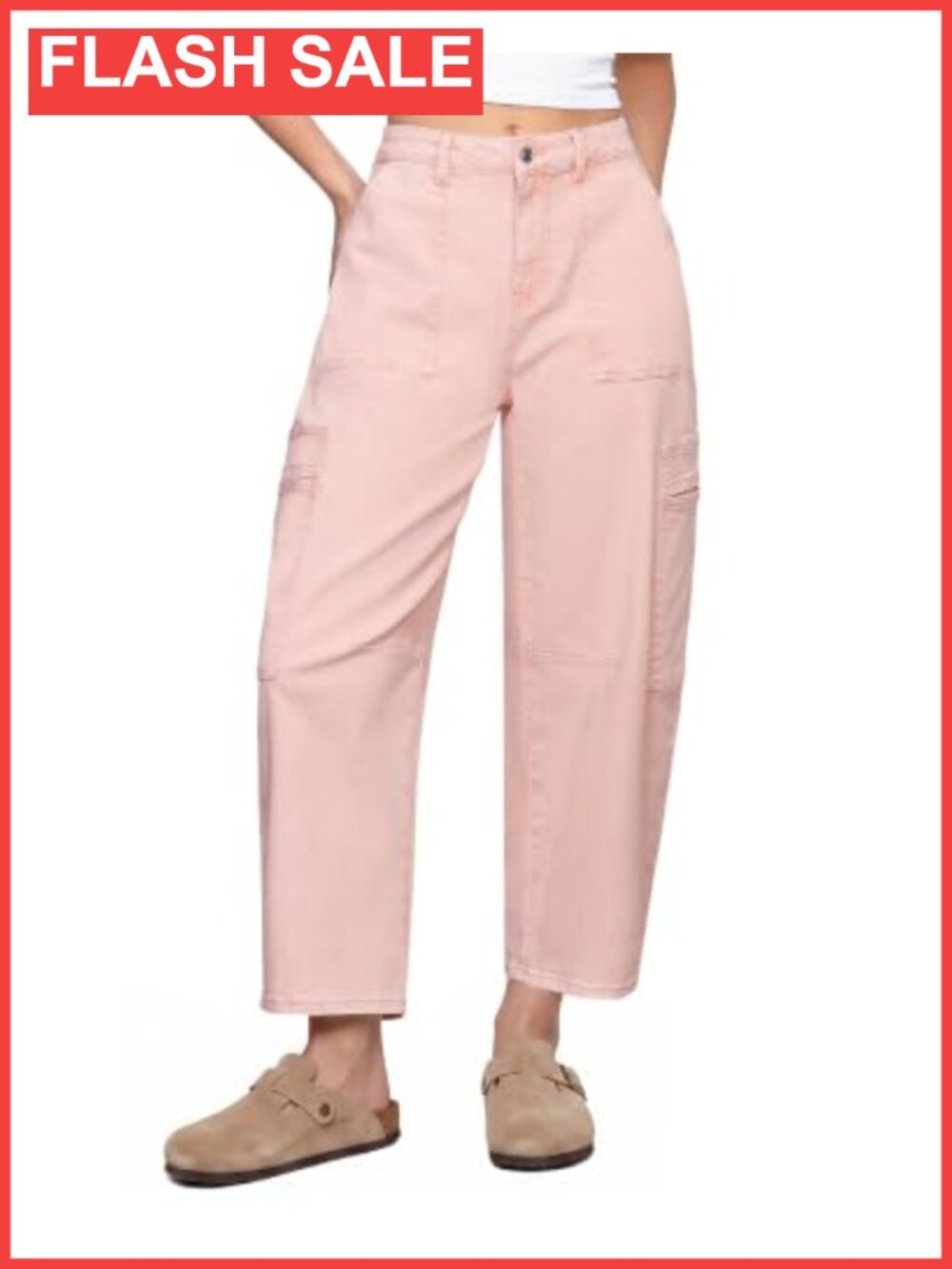 High Waisted Cropped Cargo Barrel Jeans Stretch Denim Wide Leg Tapered